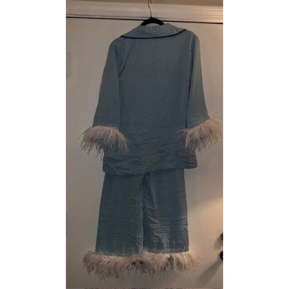 NWT $320 SLEEPER CORNFLOWER BLUE OSTRICH TRIM PARTY PAJAMA SET SIZE XS SOLD OUT! - Picture 8 of 14